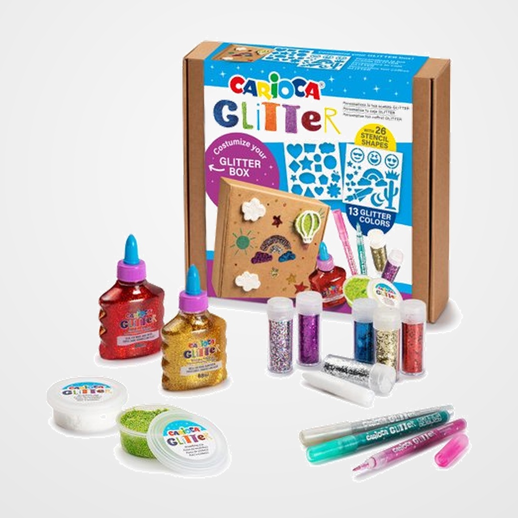 SET CARIOCA GLITTER CREATOR 26 pcs 13x PURPURINA SURTIDA  2x PEGAMENTO  3x ROTULADORES  6x BOTE POLVOS COLORES  2x PASTA MODELAR