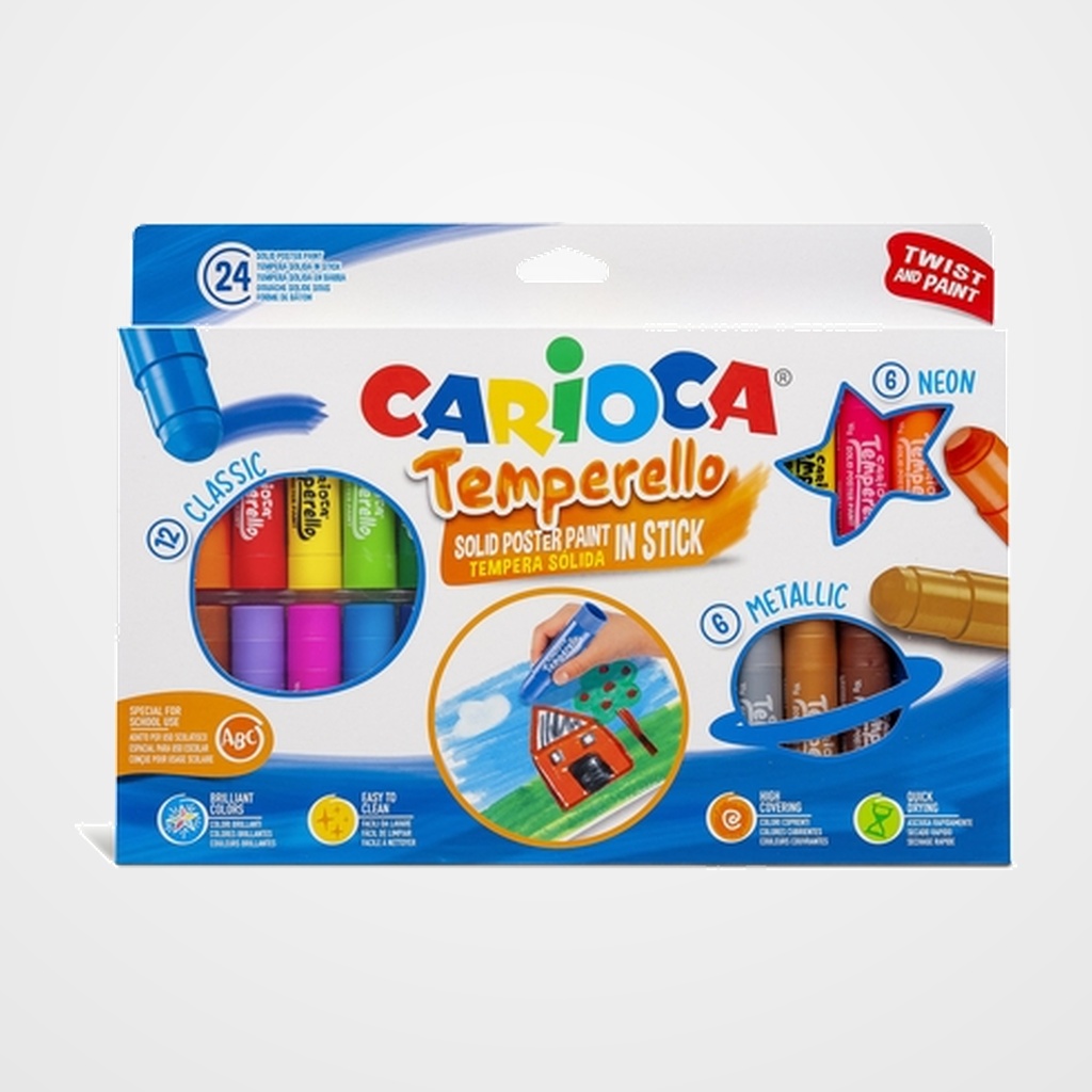TEMPERA SOLIDA CARIOCA TEMPERELLO 10Gr. ESTUCHE de 24 COLORES (12 + 6 neon + 6 metallic)