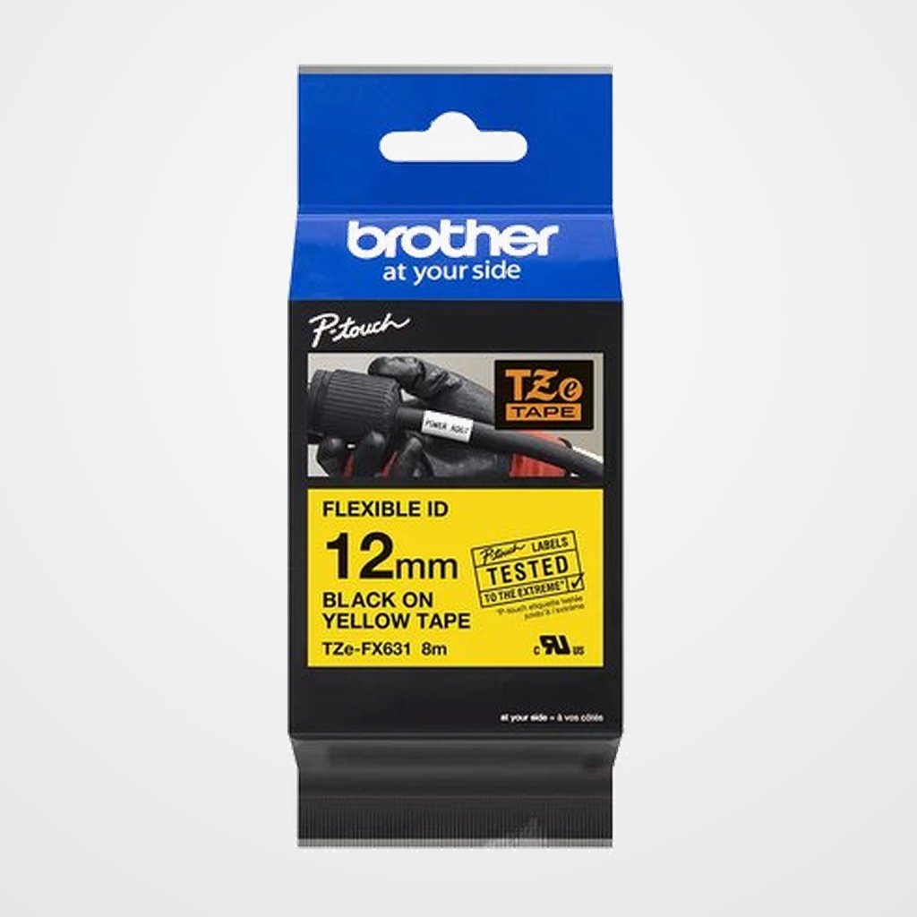 CINTA de ROTULAR BROTHER LAMINADA FLEXIBLE 8m 12mm AMARILLO sobre NEGRO