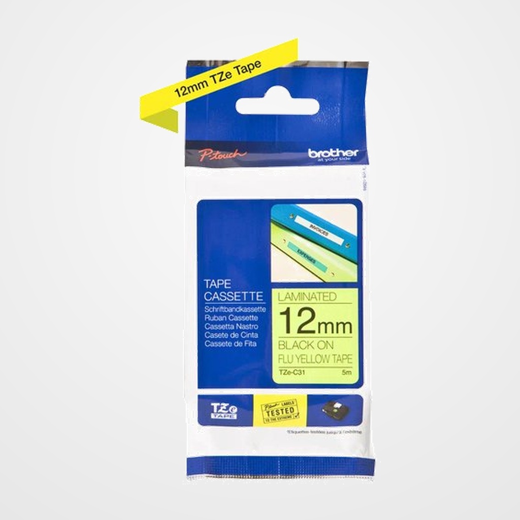 CINTA de ROTULAR BROTHER LAMINADA 5m 12mm NEGRO sobre AMARILLO FLUOR