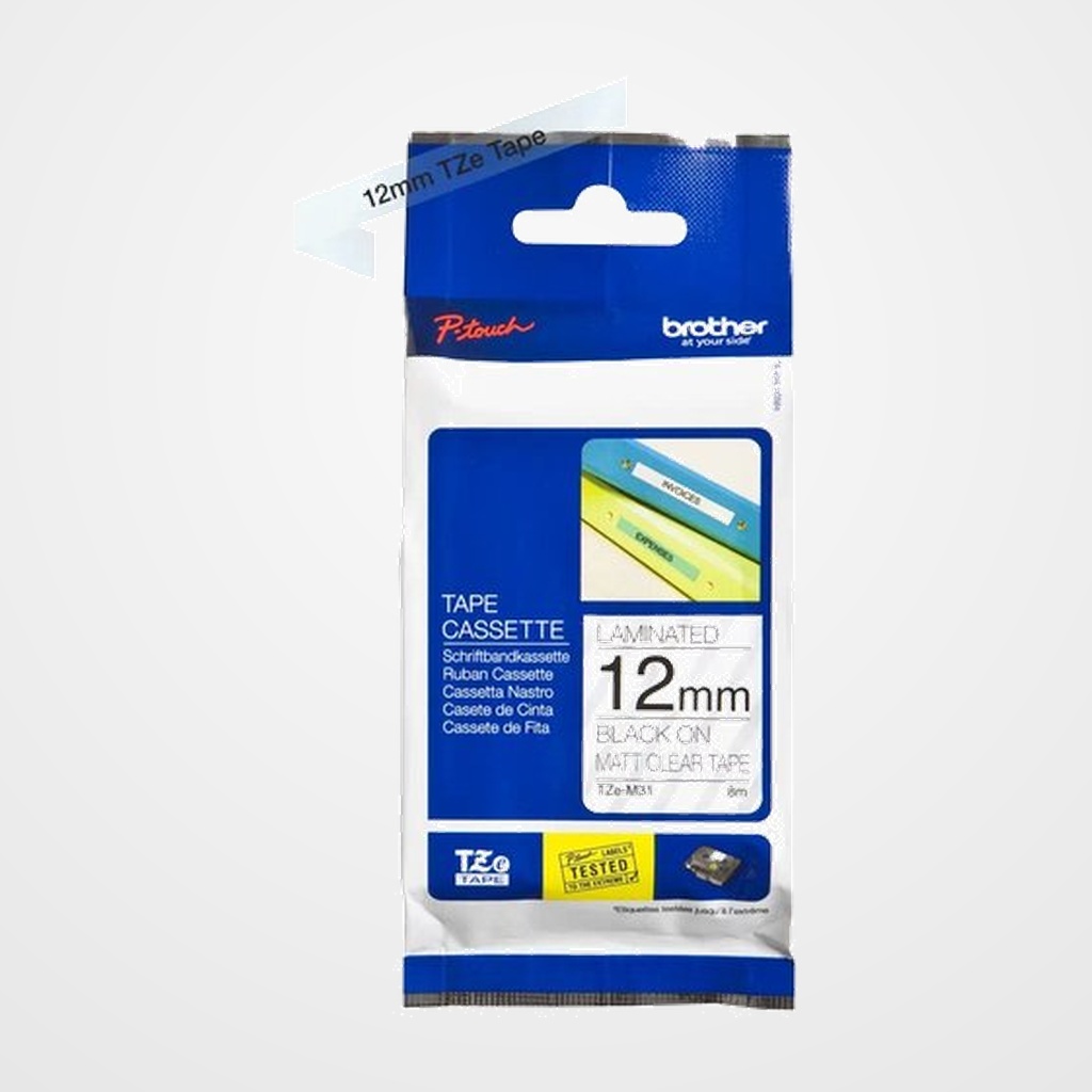 CINTA de ROTULAR BROTHER LAMINADA 8m 12mm TRANSPARENTE MATE sobre NEGRO