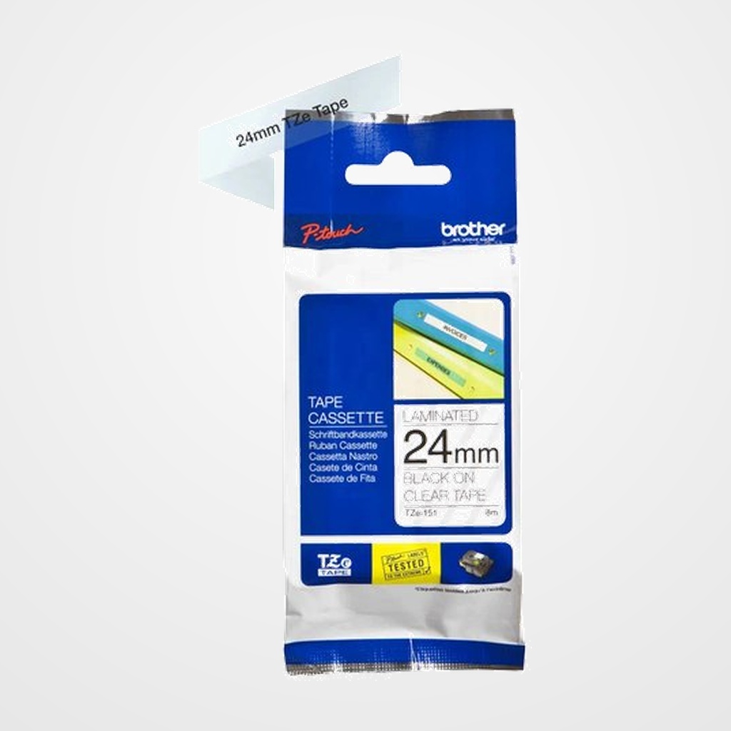 CINTA de ROTULAR BROTHER LAMINADA 8m 24mm NEGRO sobre TRANSPARENTE