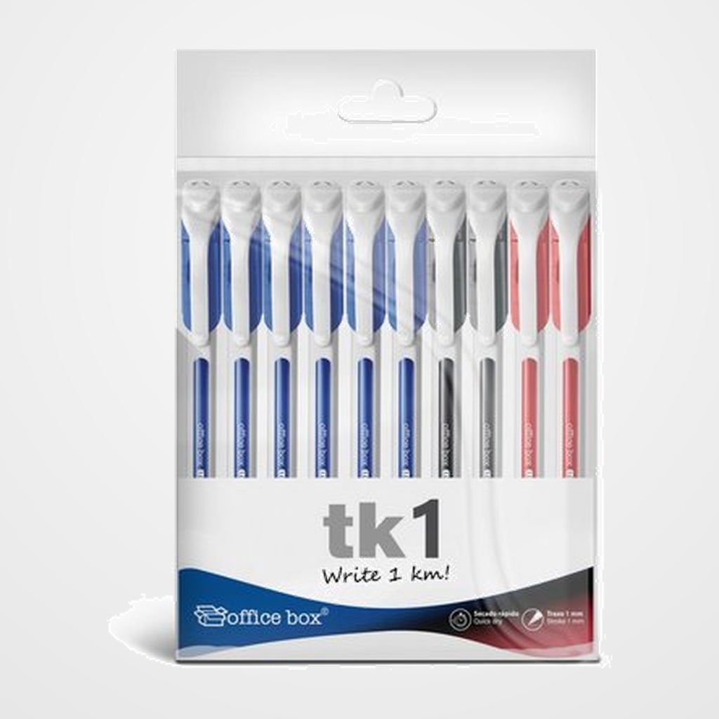 BOLIGRAFO OFFICE BOX TK1 1mm SURTIDO BOLSA de 10  (6 AZULES, 2 NEGROS Y 2 ROJOS)