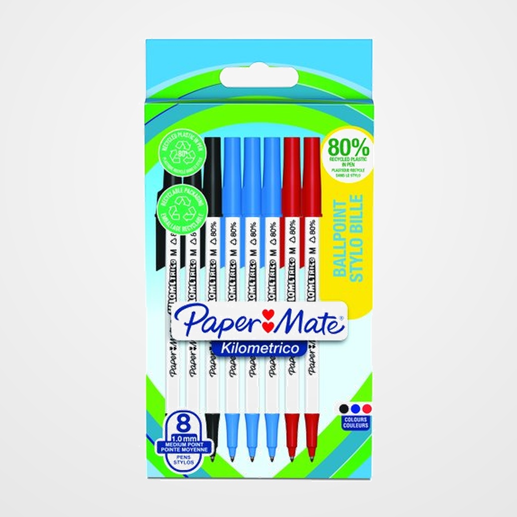 BOLIGRAFO PAPER MATE KILOMETRICO RECYCLED BLISTER de 8