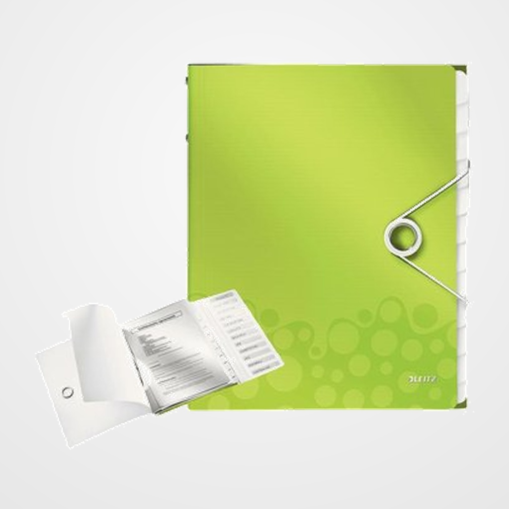 CARPETA CLASIFICADORA LEITZ WOW A4 PP 12 SEPARAD.con GOMA VERDE METALIZADO