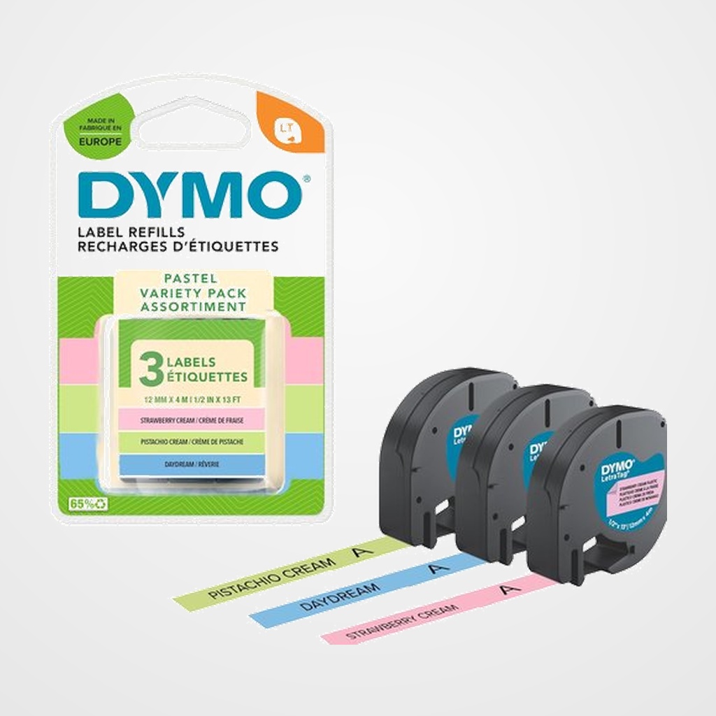 [16701250] CINTA de ROTULAR DYMO LETRATAG PLASTICO 4m 12mm PASTEL BLISTER de 3 (verde pistacho, azul claro y rosa)