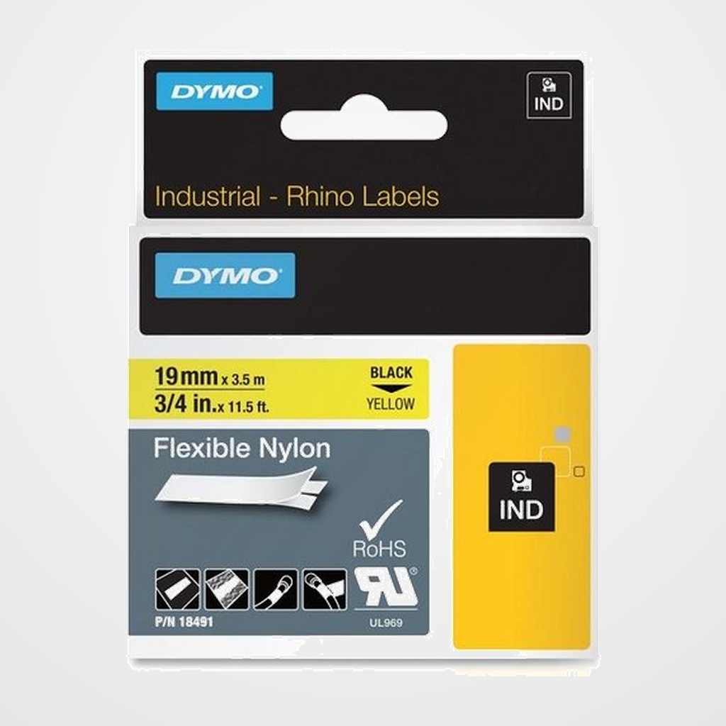 CINTA de ROTULAR DYMO RHINO ID1 NYLON FLEX.3,5m 19mm NEGRO sobre AMARILLO (18491)