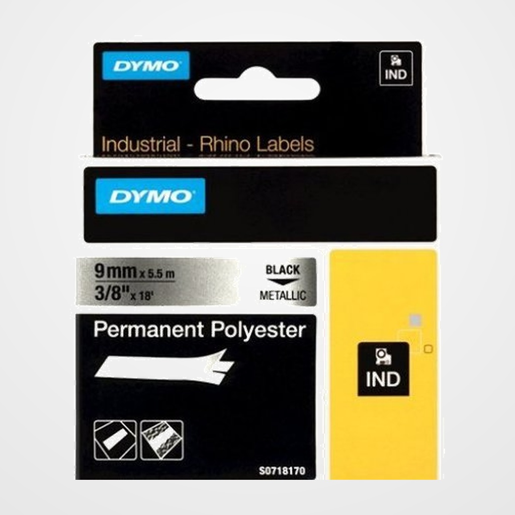 CINTA DE ROTULAR DYMO RHINO ID1 POLIESTER PERMANENTE 9mm x 5,5m NEGRO sobre PLATA (18485)