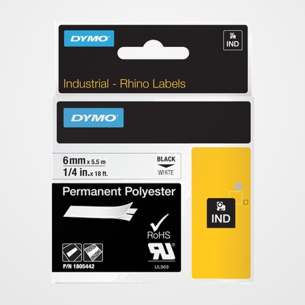 CINTA de ROTULAR DYMO RHINO ID1 POLYESTER 5,5m  6mm NEGRO sobre BLANCO (1805442)