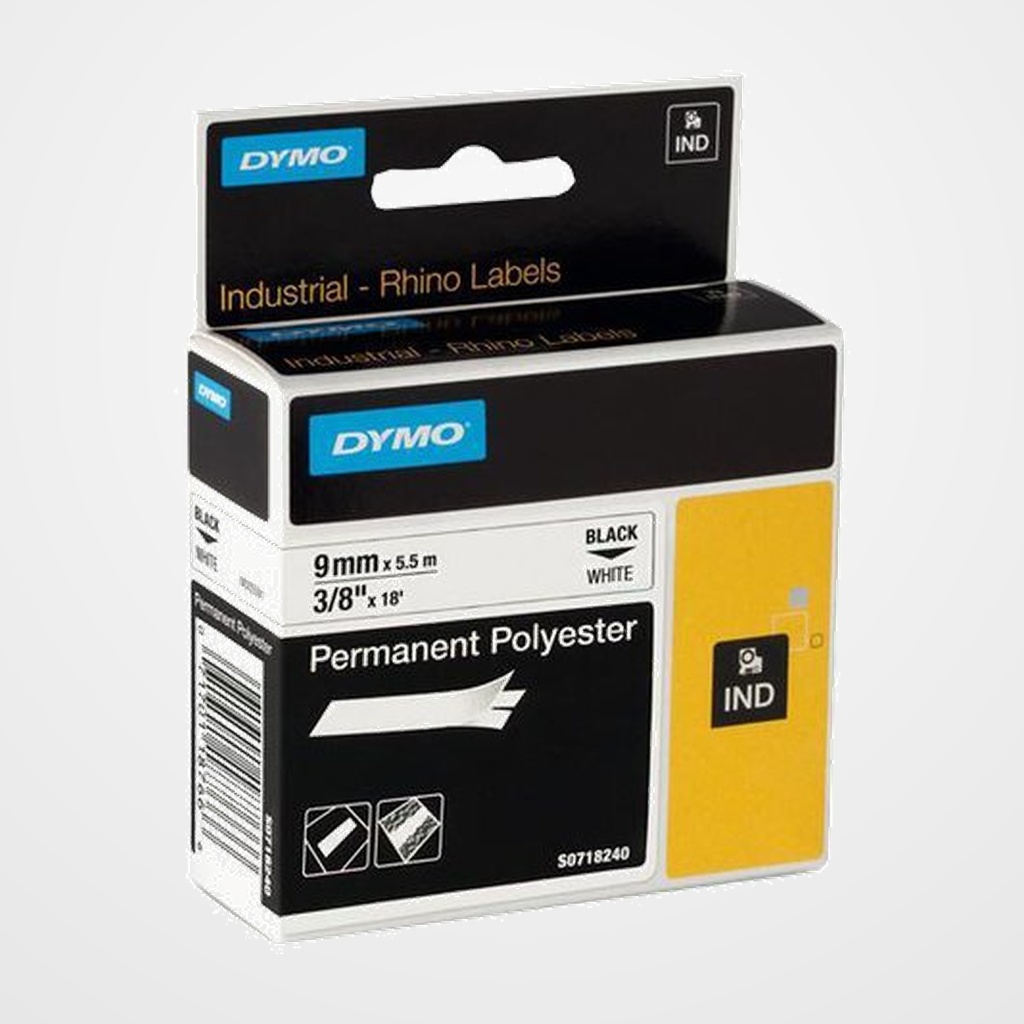 CINTA de ROTULAR DYMO RHINO ID1 POLYESTER 5,5m  9mm NEGRO sobre BLANCO (18482)