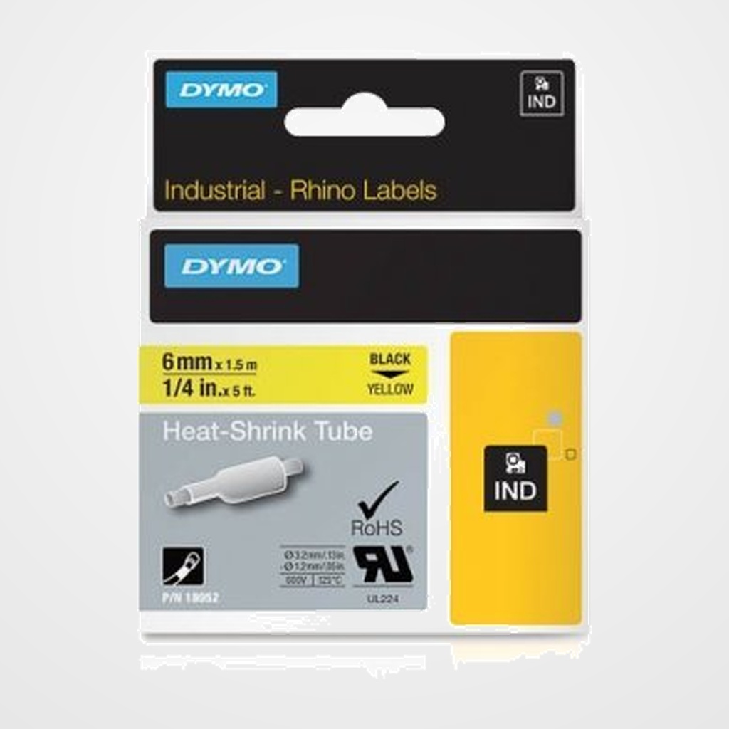 CINTA de ROTULAR DYMO RHINO ID1 TERMO RETRACTIL 1,5m 6mm NEGRO sobre AMARILLO (18052)