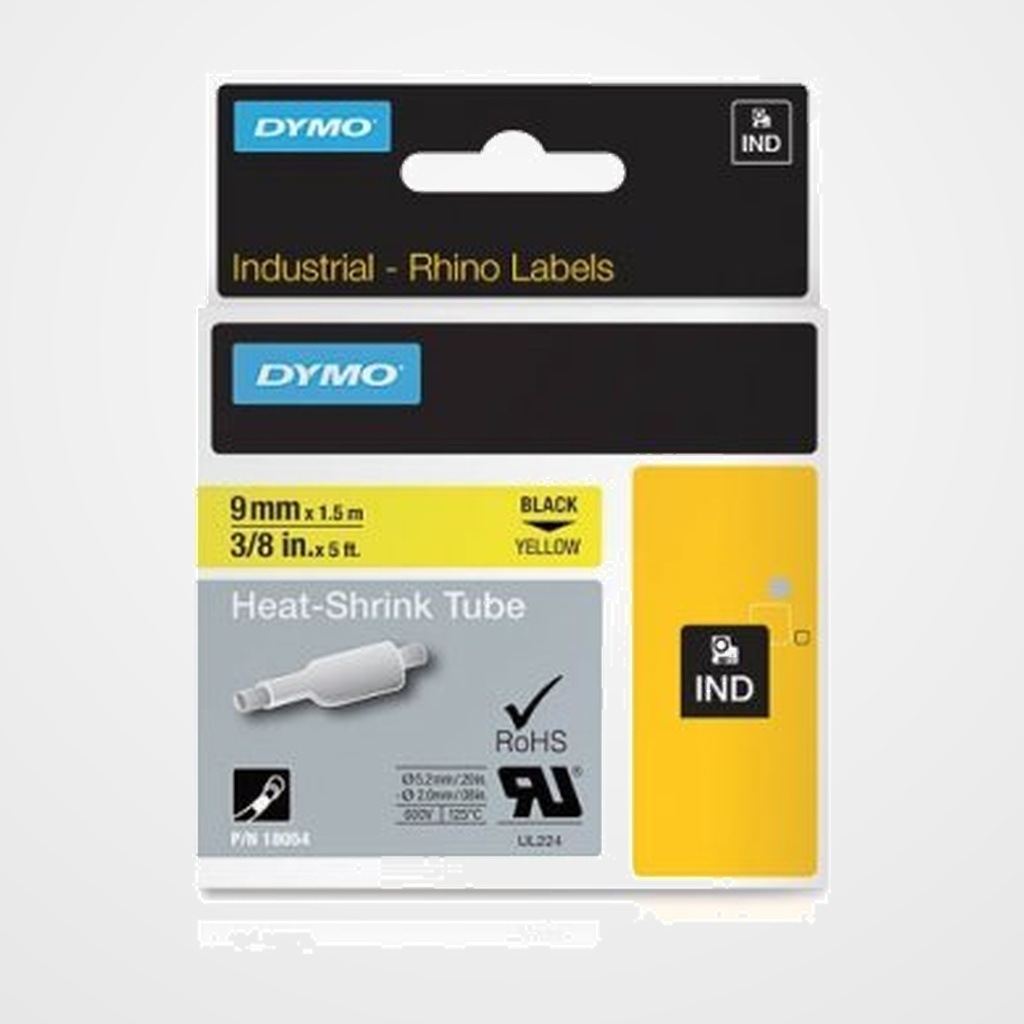 CINTA de ROTULAR DYMO RHINO ID1 TERMO RETRACTIL 1,5m 9mm NEGRO sobre AMARILLO (18054)