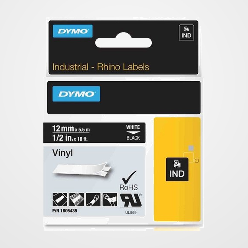 CINTA de ROTULAR DYMO RHINO ID1 VINILO 5,5m 12mm BLANCO sobre NEGRO (1805435)