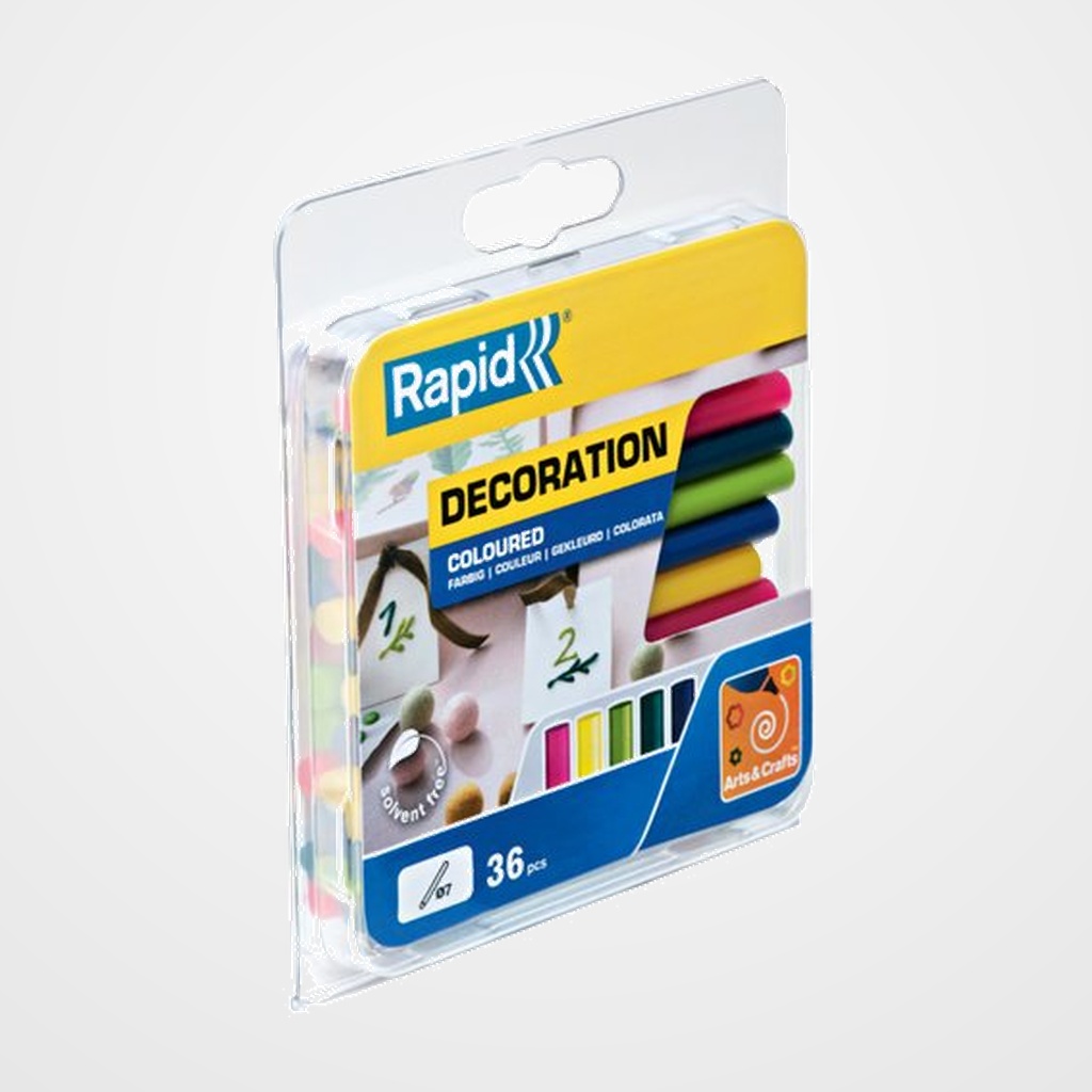 COLA TERMOFUSIBLE en BARRA RAPID D7 UNIVERSAL blister de 36 (AZUL PETRÓLEO/AMARILLO/VERDE/FUCSIA/AZUL)