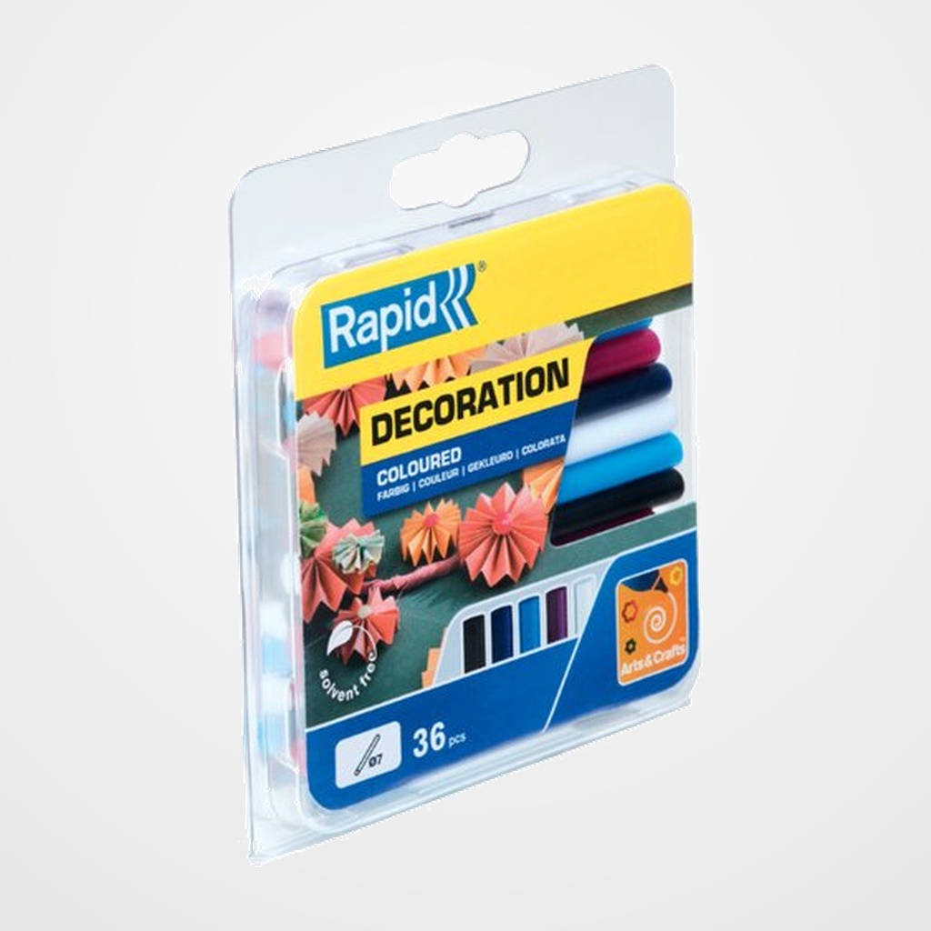 COLA TERMOFUSIBLE en BARRA RAPID D7 UNIVERSAL blister de 36 (NEGRO/BLANCO/AZUL VIOLETA/CIAN/MAGENTA)