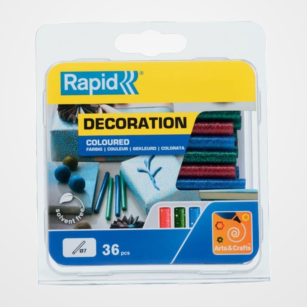 COLA TERMOFUSIBLE en BARRA RAPID D7 UNIVERSAL blister de 36 PURPURINA (ROJO/AZUL/VERDE)