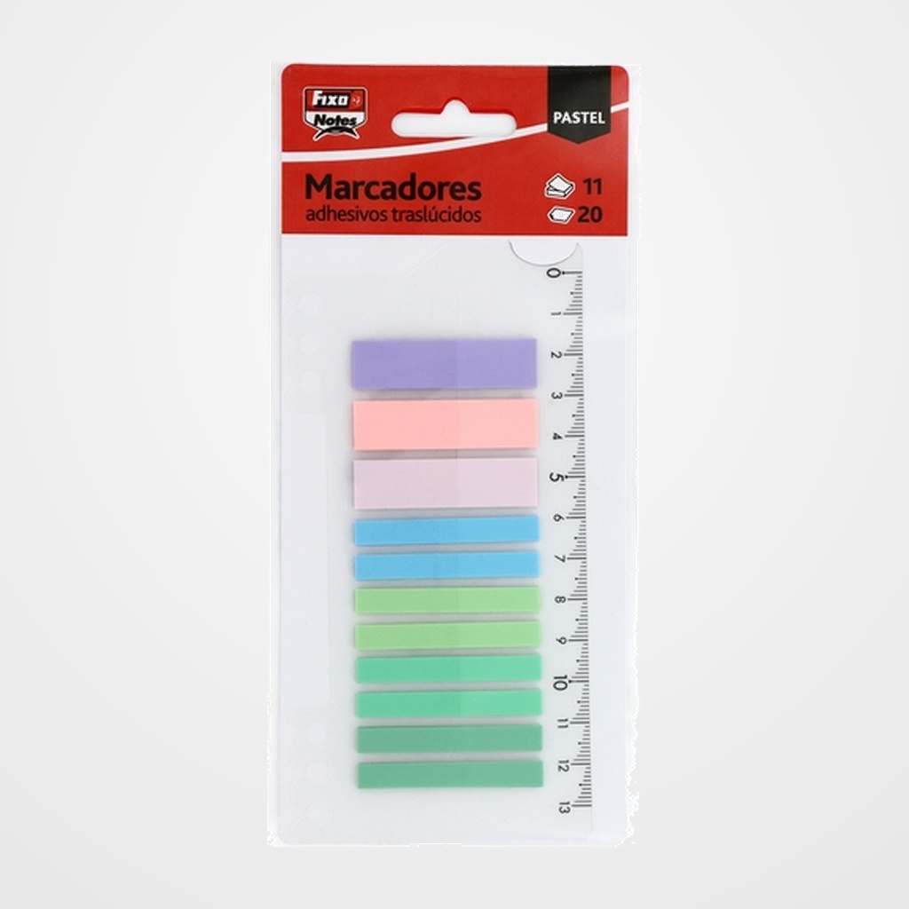 [26901581] BANDERITAS ADHESIVAS FIXO NOTES TRASLUCIDAS SURTIDAS PASTEL con REGLA PACK de 11
