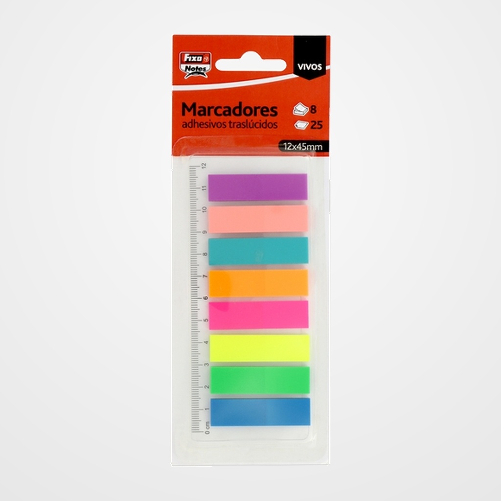 BANDERITAS ADHESIVAS FIXO NOTES TRASLUCIDAS 12x45mm SURTIDAS con REGLA PACK de 8