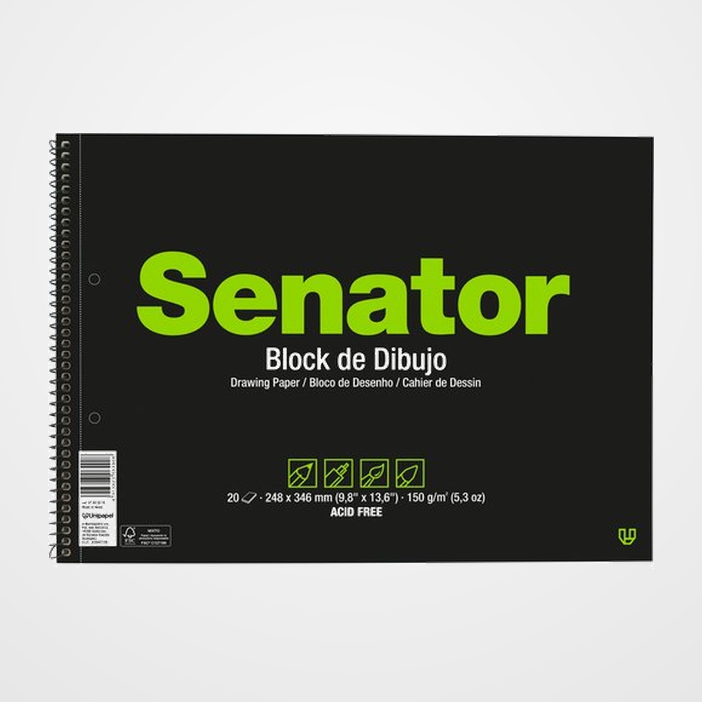 BLOC DE DIBUJO SENATOR POLIPROPILENO CON ESPIRAL LISO 2 TALADROS Fº PROLONGADO 150g 20h