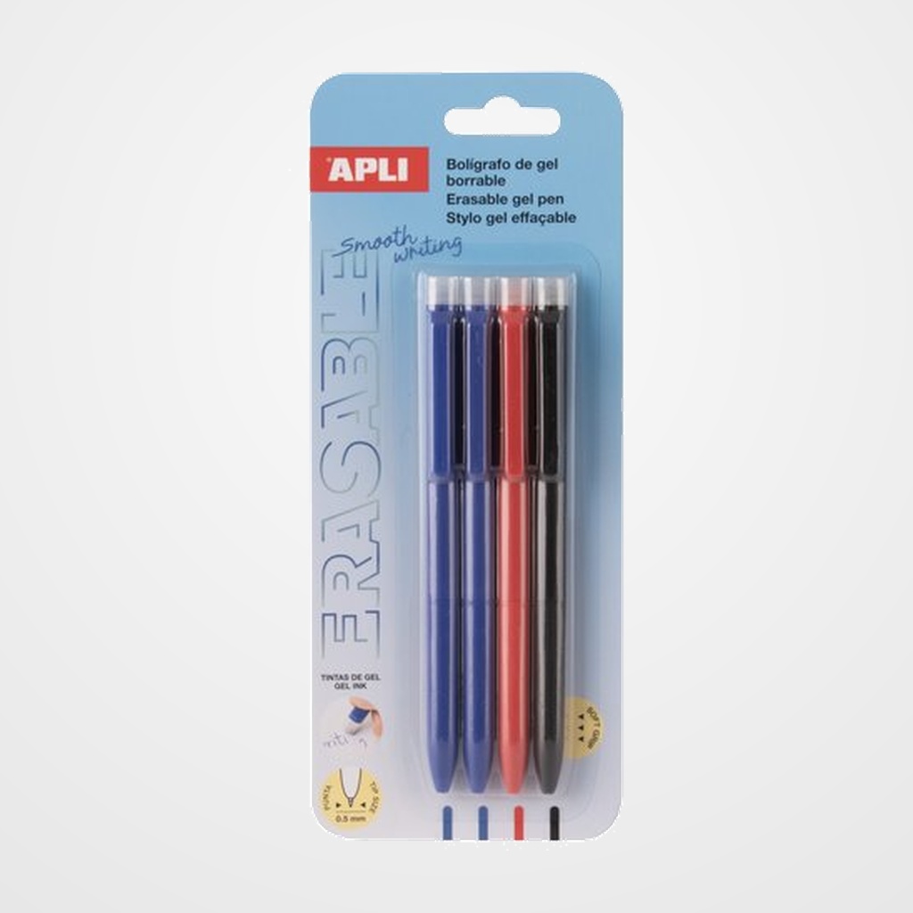 BOLIGRAFO BORRABLE APLI SURTIDO BLISTER de 4 (2 azul, 1 negro, 1 rojo)