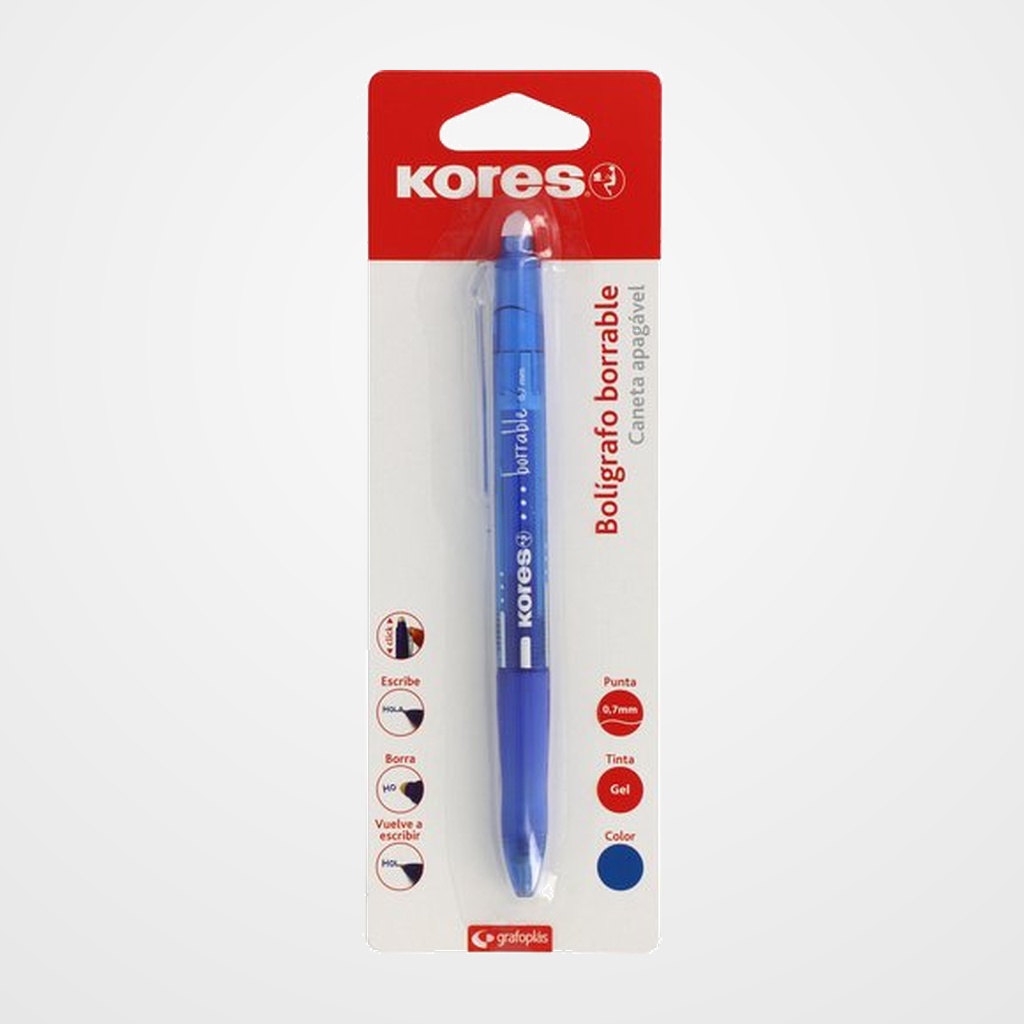 BOLIGRAFO KORES GEL RETRACTIL BORRABLE AZUL BLISTER