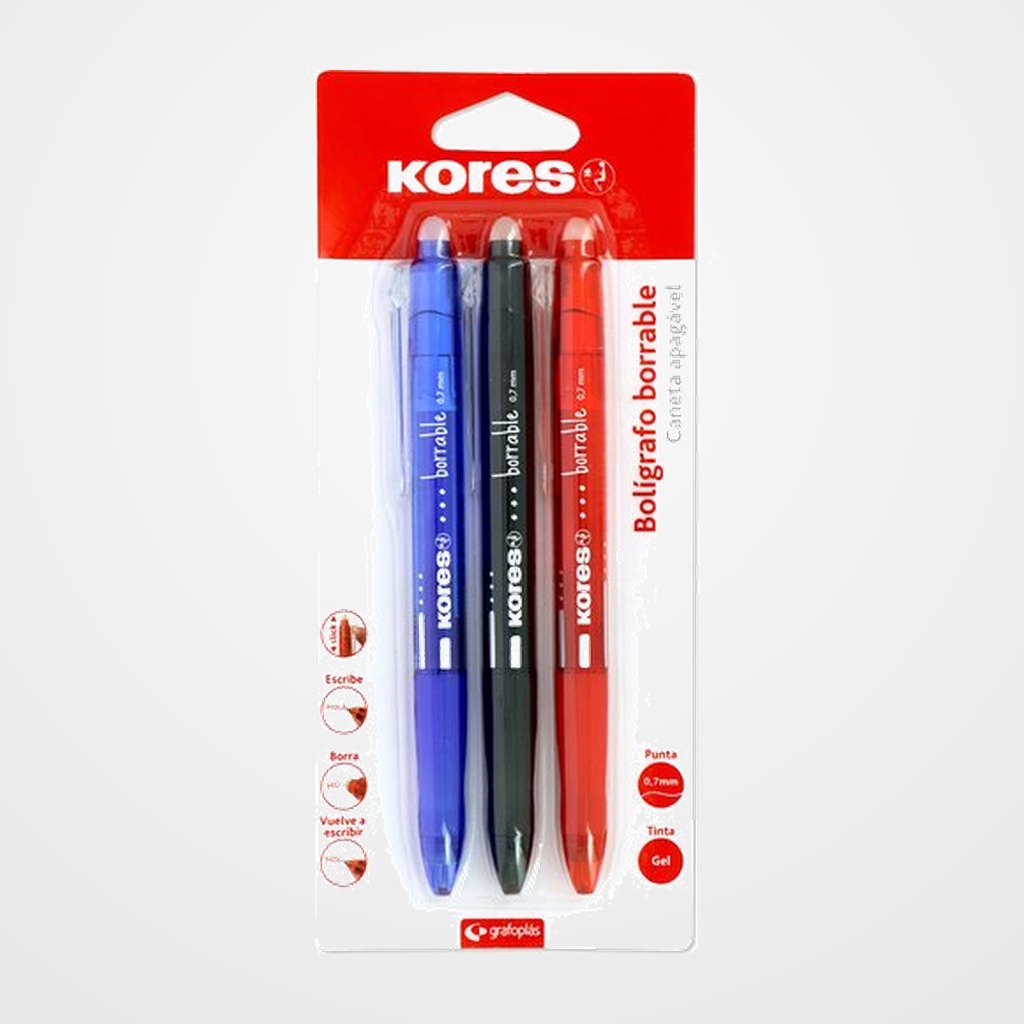 BOLIGRAFO KORES GEL RETRACTIL BORRABLE SURTIDO BLISTER de 3 (negro, azul y rojo)
