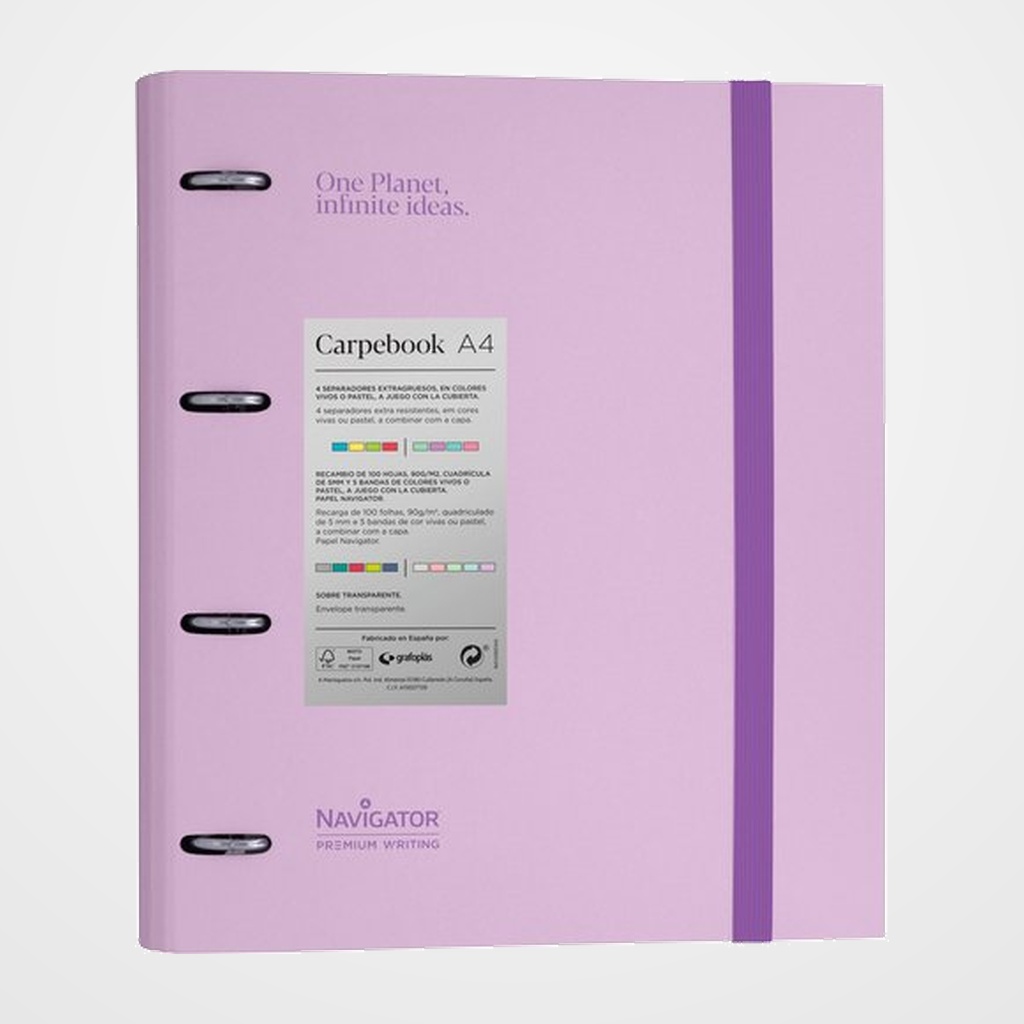 CARPEBLOC NAVIGATOR CARTON FORRADO A4 4 an.MIXTAS 35mm con REC.100 hj. LAVANDA SOFT