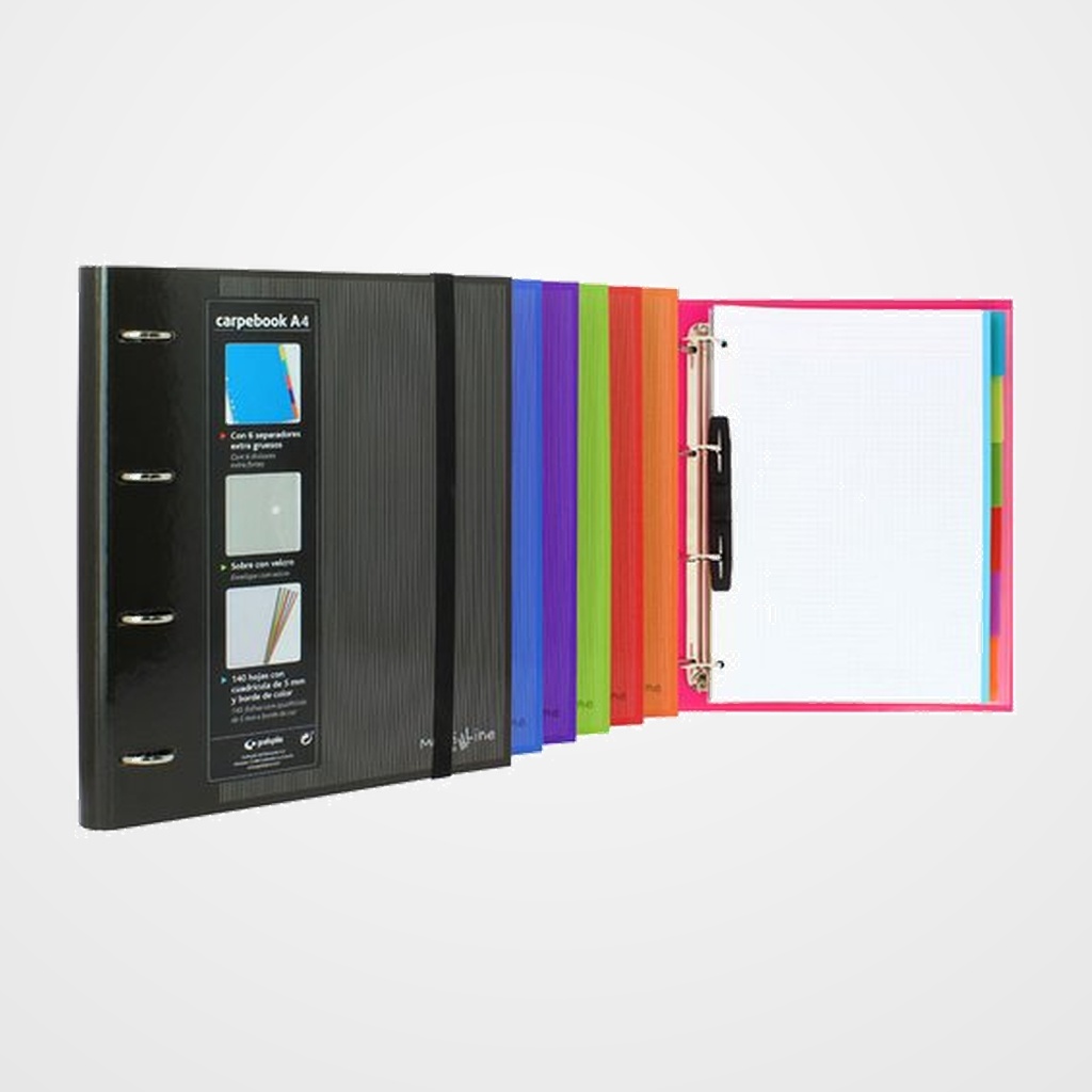 CARPEBOOK MULTILINE A4 4an.35mm NARANJA con recambio y 6 separadores extra gruesos.
