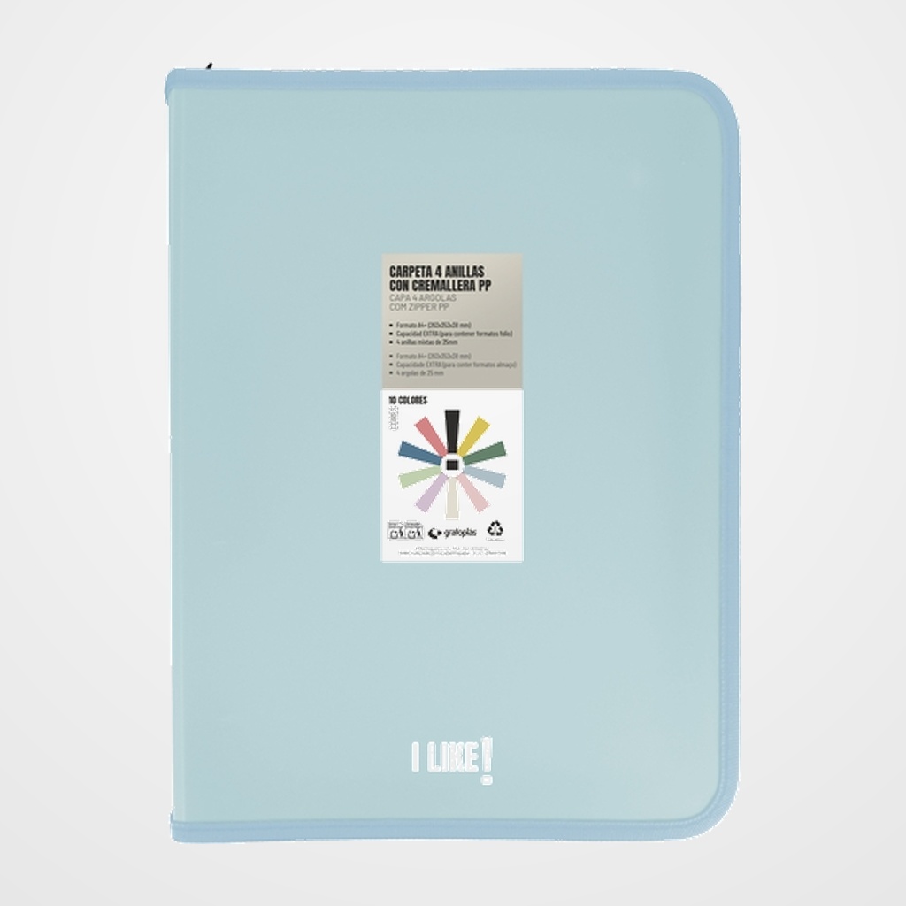 CARPETA de ANILLAS GRAFOPLAS LIKE 3 PP A4+ 4 an.MIXTAS 25mm CON CREMALLERA AZUL CLARO