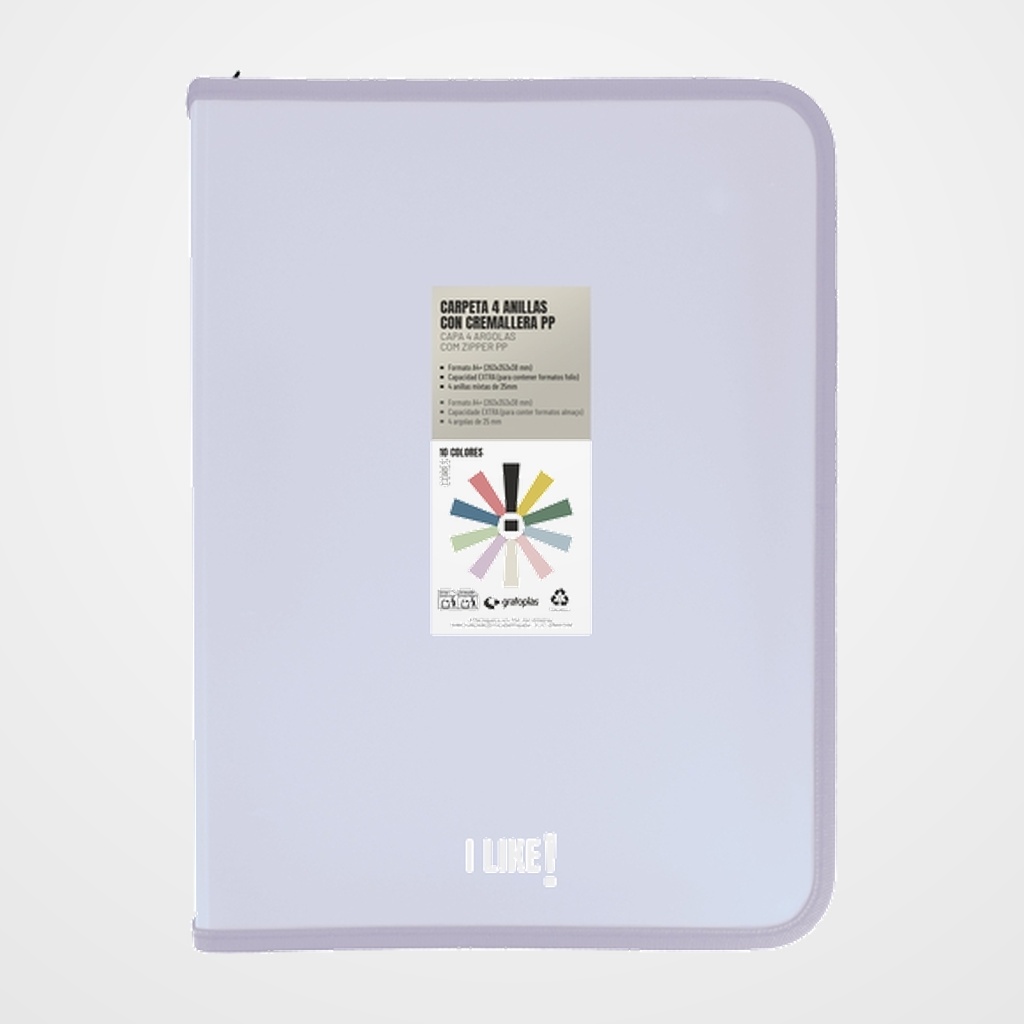 CARPETA de ANILLAS GRAFOPLAS LIKE 3 PP A4+ 4 an.MIXTAS 25mm CON CREMALLERA LAVANDA SOFT