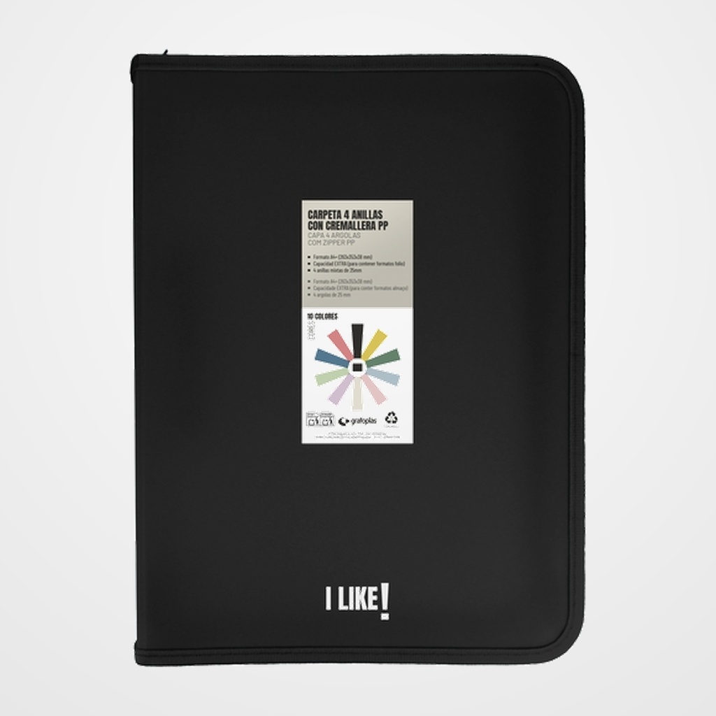 CARPETA de ANILLAS GRAFOPLAS LIKE 3 PP A4+ 4 an.MIXTAS 25mm CON CREMALLERA NEGRO