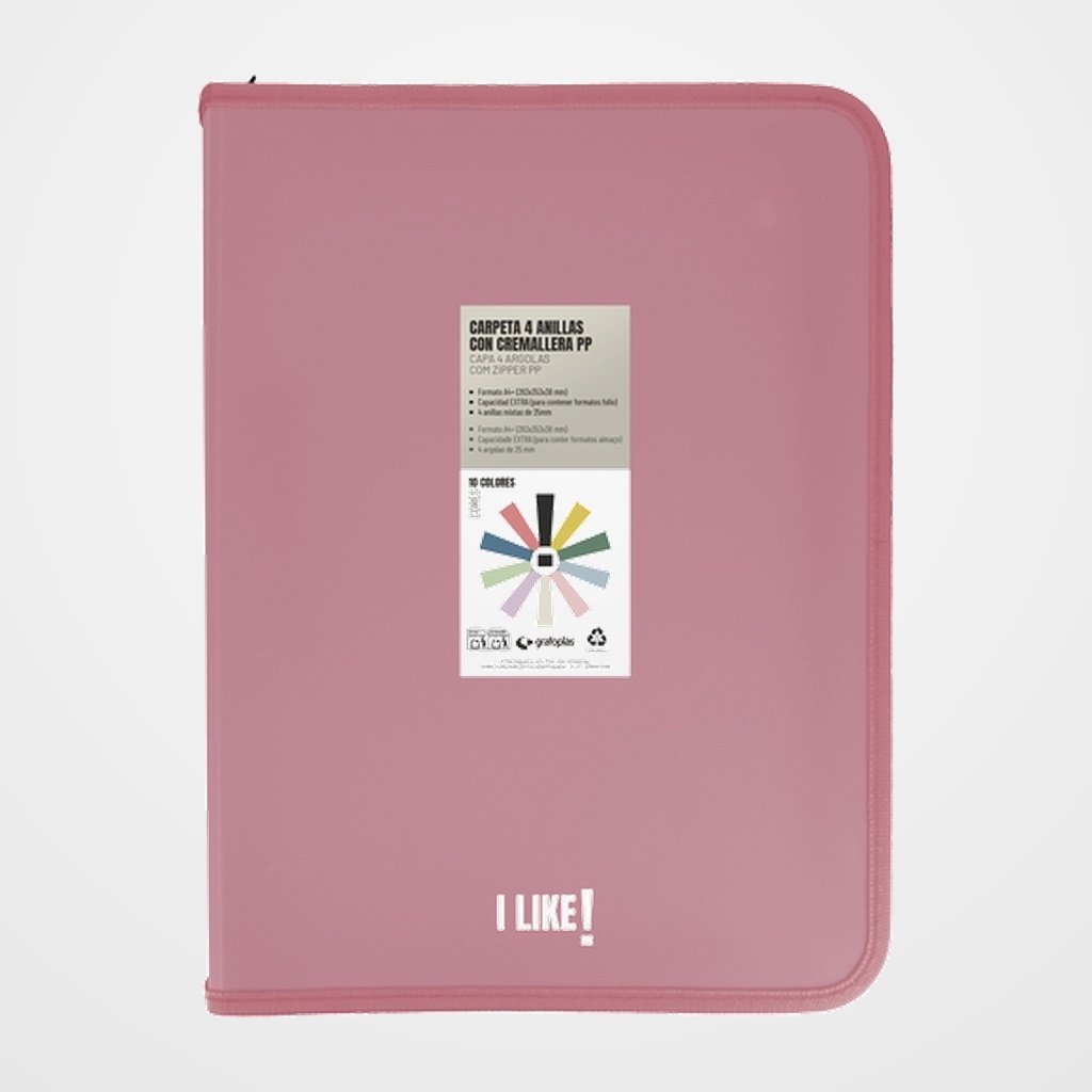 CARPETA de ANILLAS GRAFOPLAS LIKE 3 PP A4+ 4 an.MIXTAS 25mm CON CREMALLERA ROSA