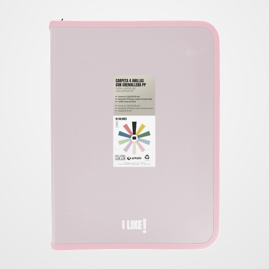 CARPETA de ANILLAS GRAFOPLAS LIKE 3 PP A4+ 4 an.MIXTAS 25mm CON CREMALLERA ROSA SOFT