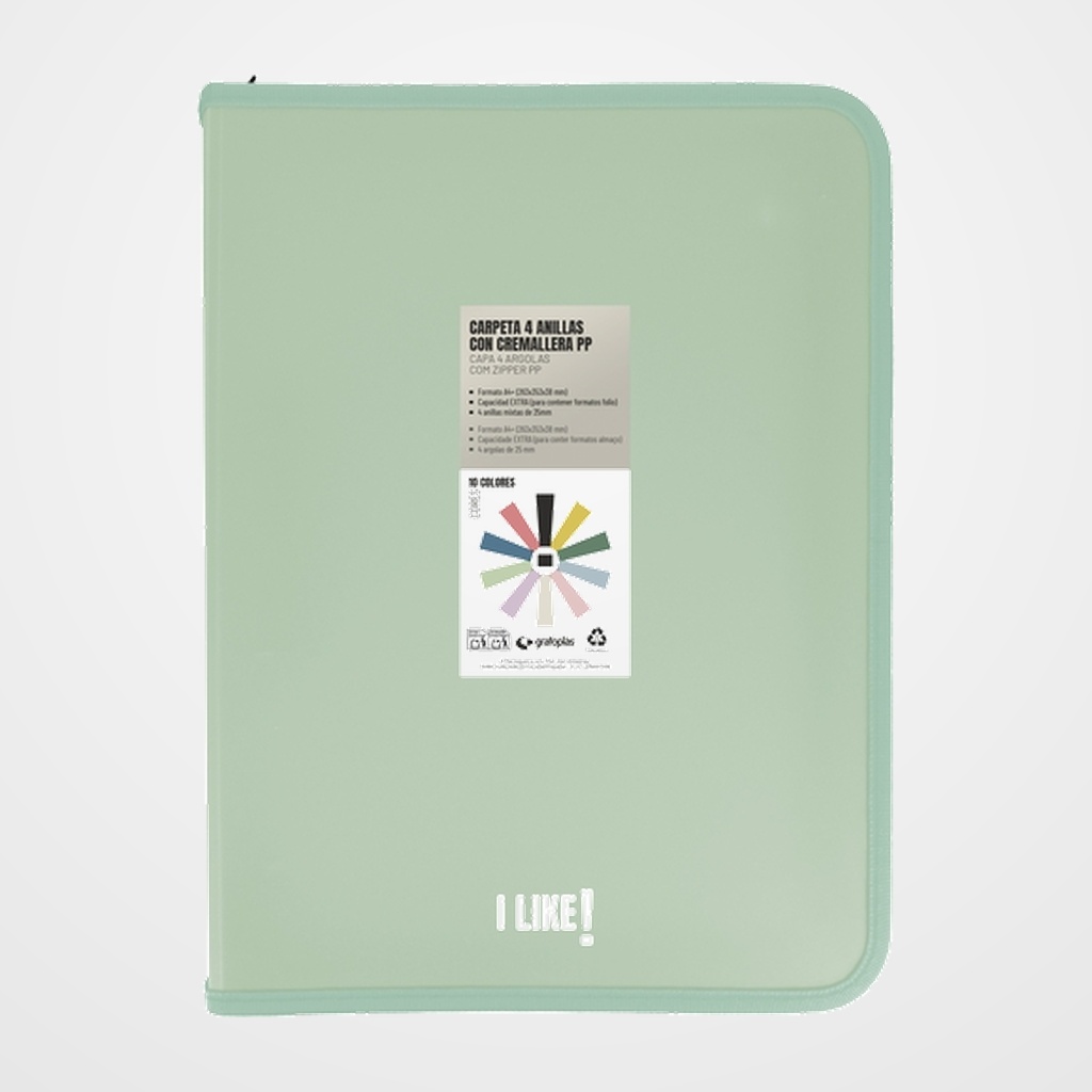 CARPETA de ANILLAS GRAFOPLAS LIKE 3 PP A4+ 4 an.MIXTAS 25mm CON CREMALLERA VERDE CLARO