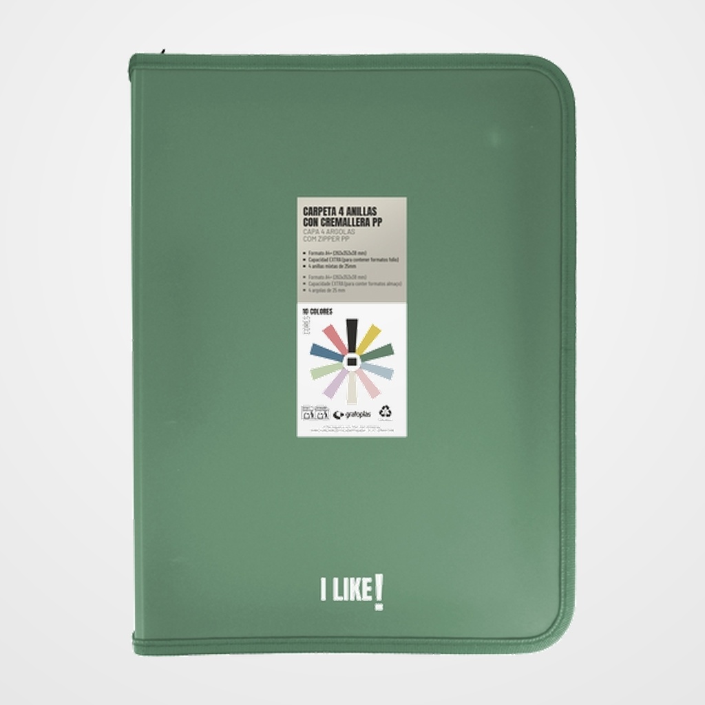 CARPETA de ANILLAS GRAFOPLAS LIKE 3 PP A4+ 4 an.MIXTAS 25mm CON CREMALLERA VERDE OSCURO