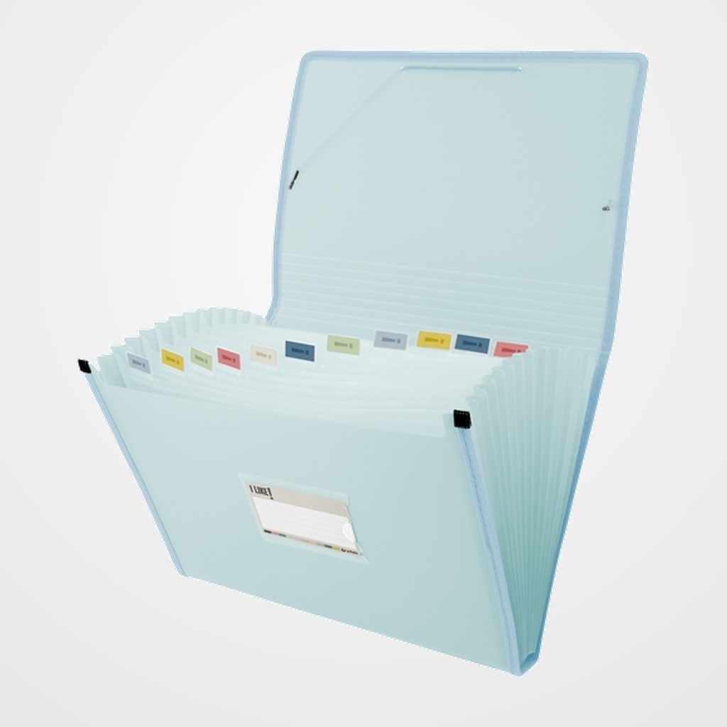 [10301864] CLASIFICADOR ACORDEON GRAFOPLAS PP SEMIRRIGIDO LIKE 3 OPACO Fº 13 DPTOS.BOLSILLO y GOMA AZUL CLARO