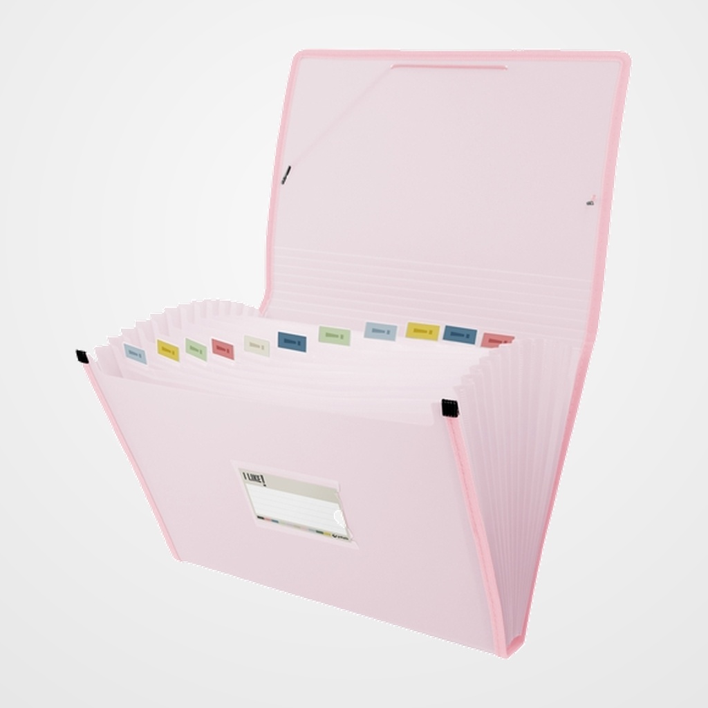 CLASIFICADOR ACORDEON GRAFOPLAS PP SEMIRRIGIDO LIKE 3 OPACO Fº 13 DPTOS.BOLSILLO y GOMA ROSA SOFT