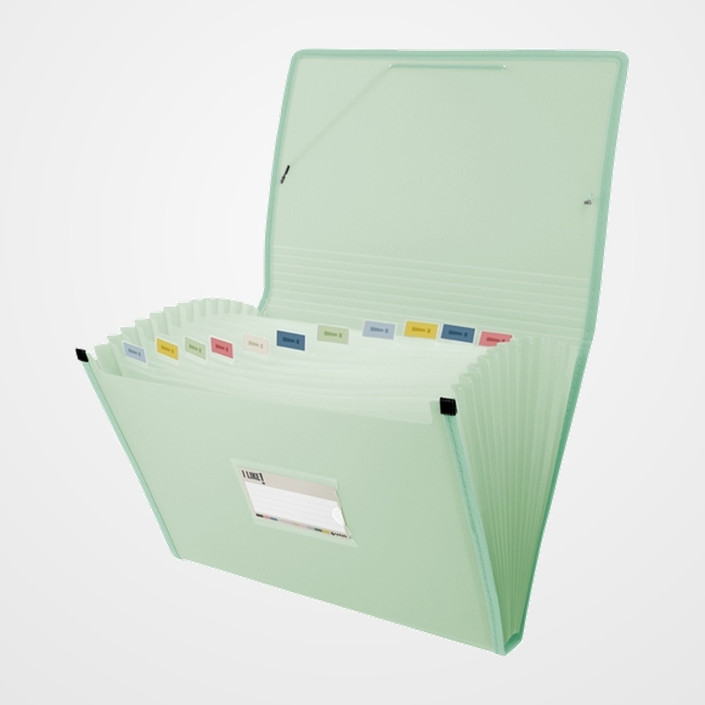 [10301862] CLASIFICADOR ACORDEON GRAFOPLAS PP SEMIRRIGIDO LIKE 3 OPACO Fº 13 DPTOS.BOLSILLO y GOMA VERDE CLARO