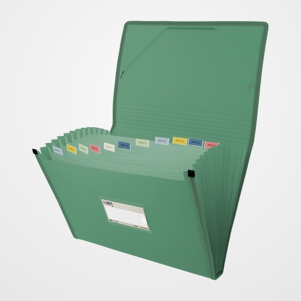 CLASIFICADOR ACORDEON GRAFOPLAS PP SEMIRRIGIDO LIKE 3 OPACO Fº 13 DPTOS.BOLSILLO y GOMA VERDE OSCURO