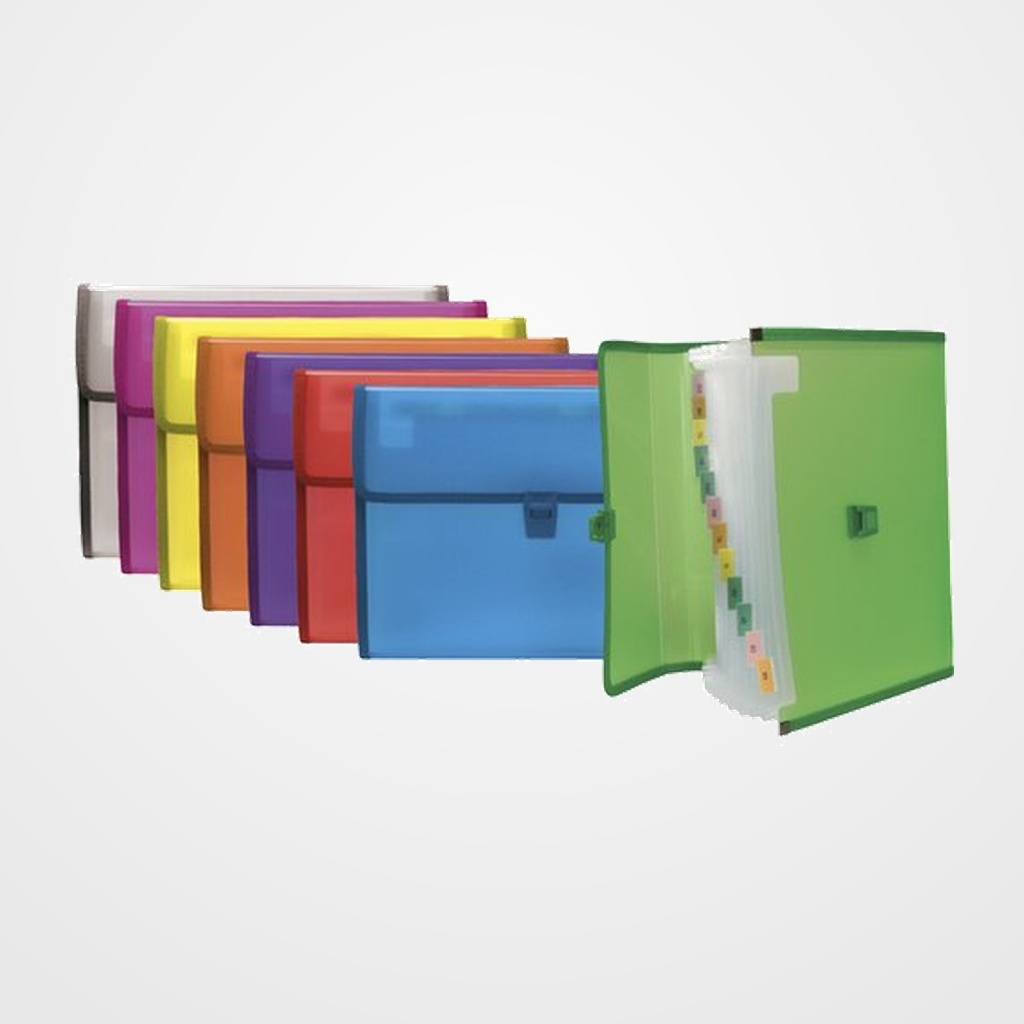 [10303081] CLASIFICADOR ACORDEON GRAFOPLAS PP TRANSL. A4 13 DPTOS.RIBETE y CIERRE PLASTICO ROJO