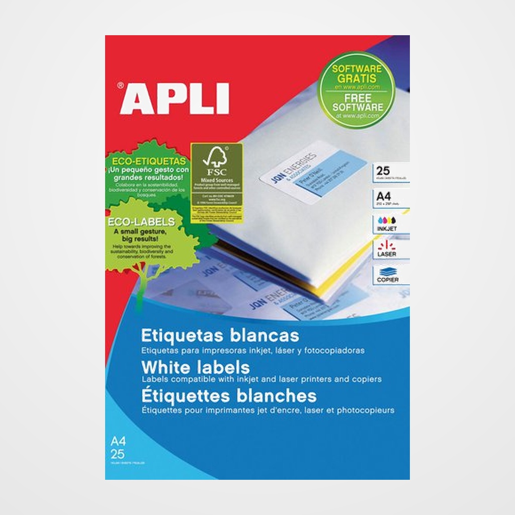 [40401142] ETIQUETAS ADH.IMPR.APLI A4 BLANCA C.RECTOS BLISTER 25h  38x21,2 mm 1.625 uds.(01209)