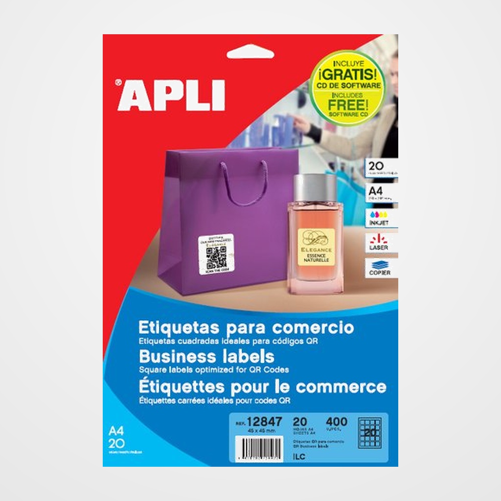 [40401136] ETIQUETAS ADH.IMPR.APLI A4 para COMERCIO BLISTER 20h CODIGOS QR 45x45 mm 400 uds.(12847)