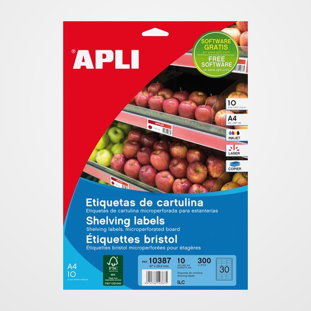[40401144] ETIQUETAS ADH.IMPR.APLI A4 para ESTANTERIAS C.RECTOS BLISTER 10h 200g 67x25,4 mm 300 uds.(10387)