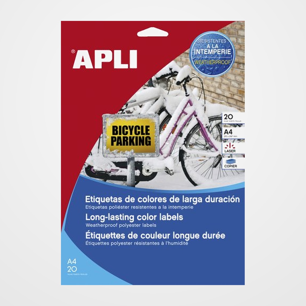 [40408001] ETIQUETAS ADH.IMPR.APLI A4 POLYESTER MATE RESISTENTE INTEMPERIE LS-CP BLISTER 20h AMARILLO 210x297 mm C.RECTOS 20 uds.(12877)
