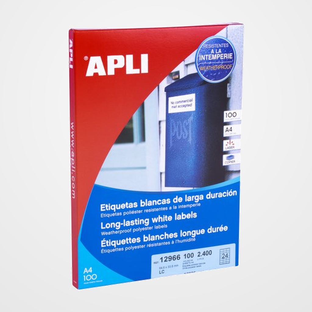 ETIQUETAS ADH.IMPR.APLI A4 POLYESTER MATE RESISTENTE INTEMPERIE LS-CP CAJA 100h BLANCO 64,6x33,8 mm C.RECTOS 2.400uds.(12966)