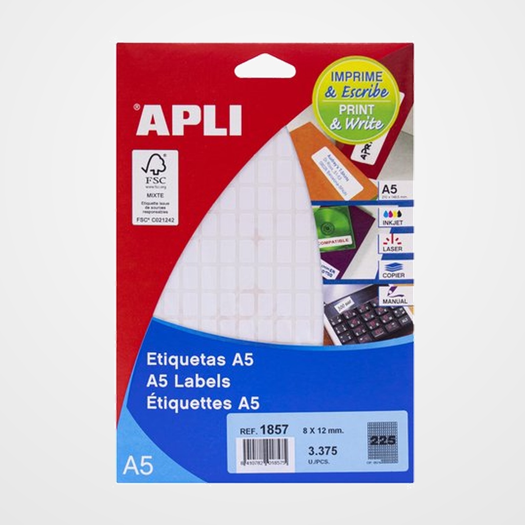 [18802216] ETIQUETAS ADH.IMPR.APLI A5 BLANCA C.ROMOS BLISTER 15h  8x12 mm 3.375 uds.(01857)
