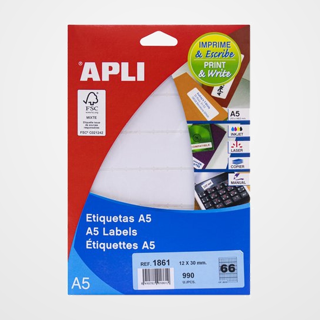 [18802218] ETIQUETAS ADH.IMPR.APLI A5 BLANCA C.ROMOS BLISTER 15h 12x30 mm 990 uds.(01861)