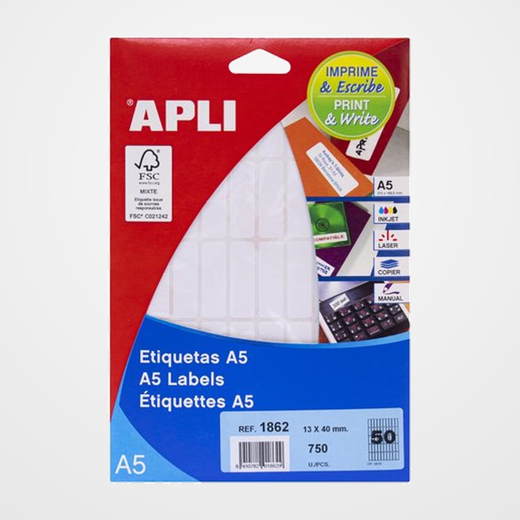 [18802189] ETIQUETAS ADH.IMPR.APLI A5 BLANCA C.ROMOS BLISTER 15h 13x40 mm 750 uds.(01862)