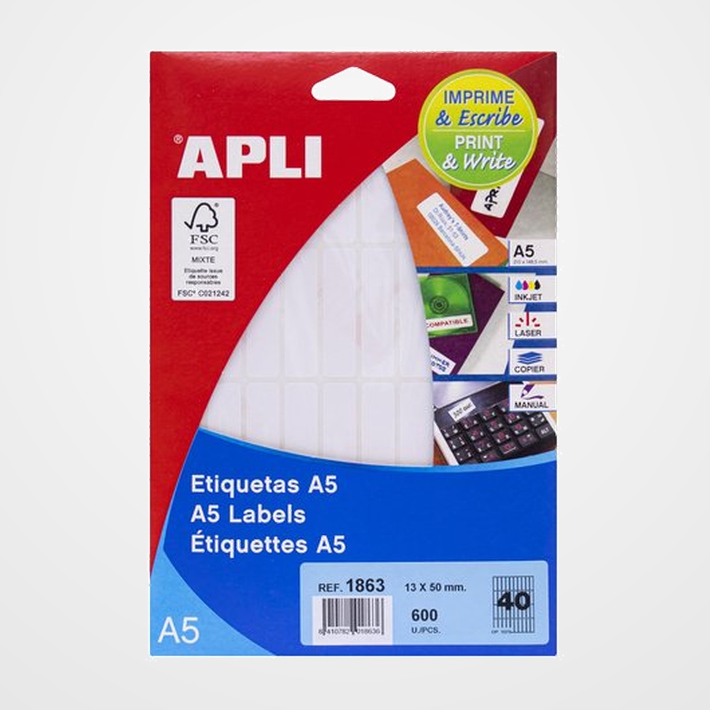 [18802219] ETIQUETAS ADH.IMPR.APLI A5 BLANCA C.ROMOS BLISTER 15h 13x50 mm 600 uds.(01863)
