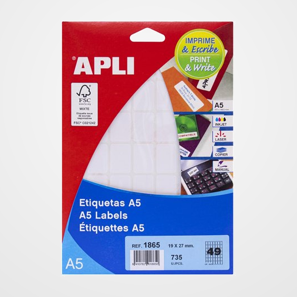[18802221] ETIQUETAS ADH.IMPR.APLI A5 BLANCA C.ROMOS BLISTER 15h 19x27 mm 735 uds.(01865)